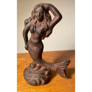 Mermaid Figurine Statue Cast Iron Nautical Coastal Decor Rustic Beach Ocean Wave